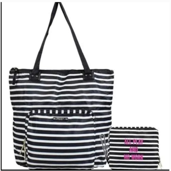 Kate Spade All Play No Work Foldable black white Striped travel Tote bag purse - Picture 1 of 8